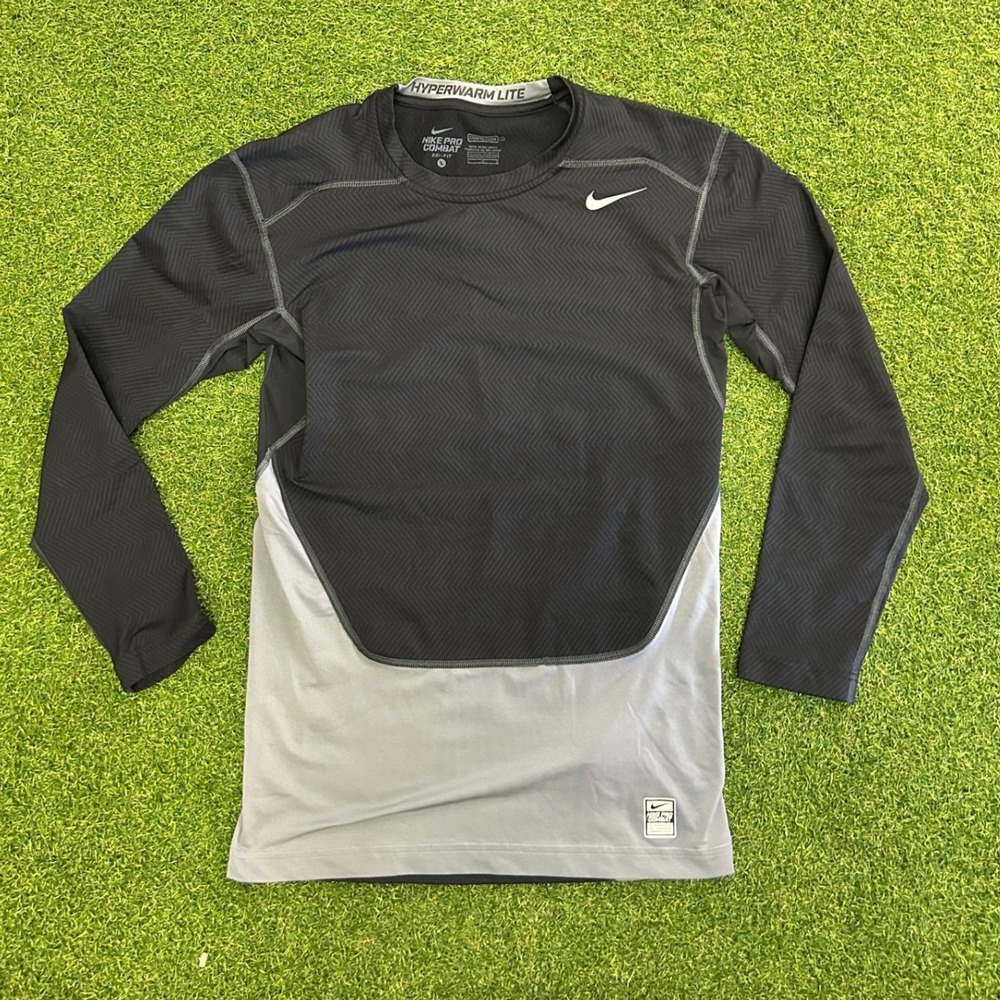 Nike Pro Combat Hyperwarm Lite Youth Large Black Grey Compression Shirt Dri-FIT